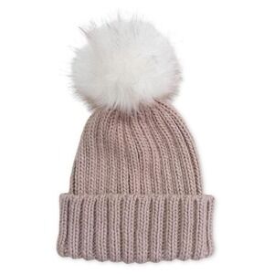 Mountain Warehouse Pom Pom Knit Beanie Womens Winter Faux Fur Bobble Hat Taupe